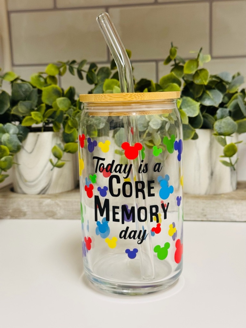 Glass Tumbler with Bamboo Lid - "Today is a Core Memory Day" Disney Inside Out